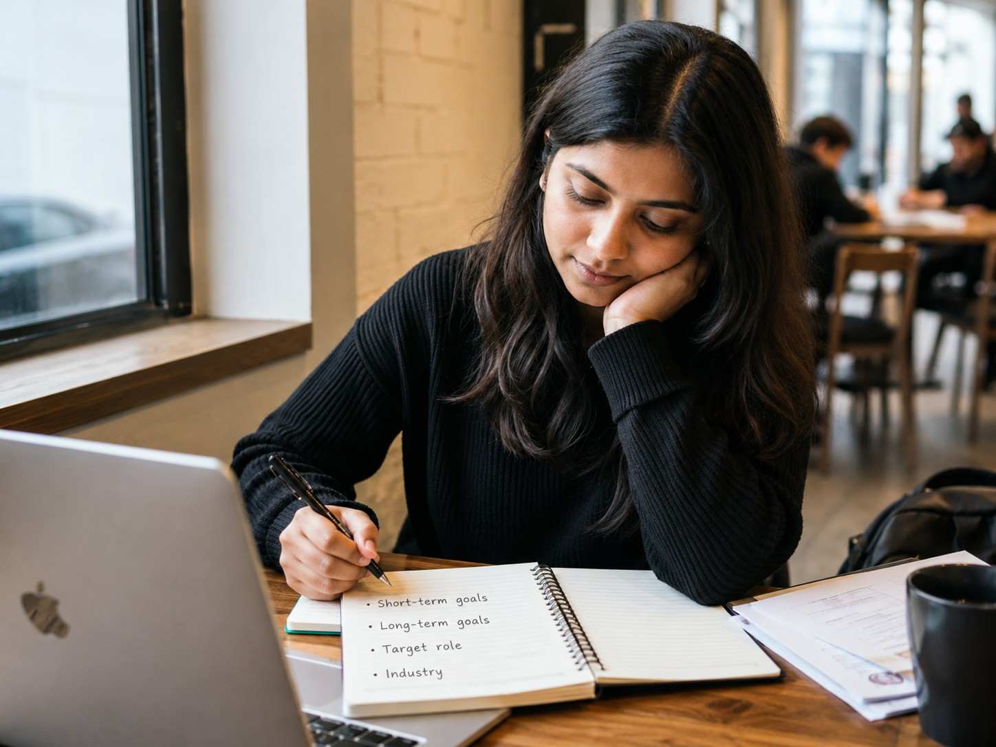 Student preparing IE MiM career goal interview answers, including short-term goals, long-term goals, target role, and industry.